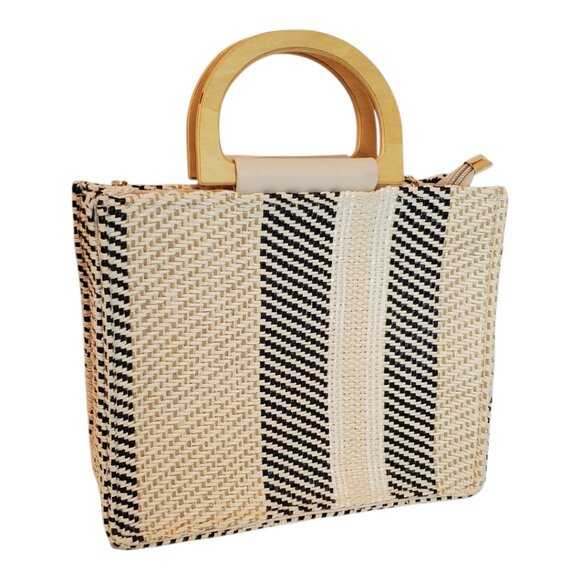 NEW WOVEN Handbag Straw & Natural fiber Striped Wooden Handles Chain Strap - Picture 2 of 9